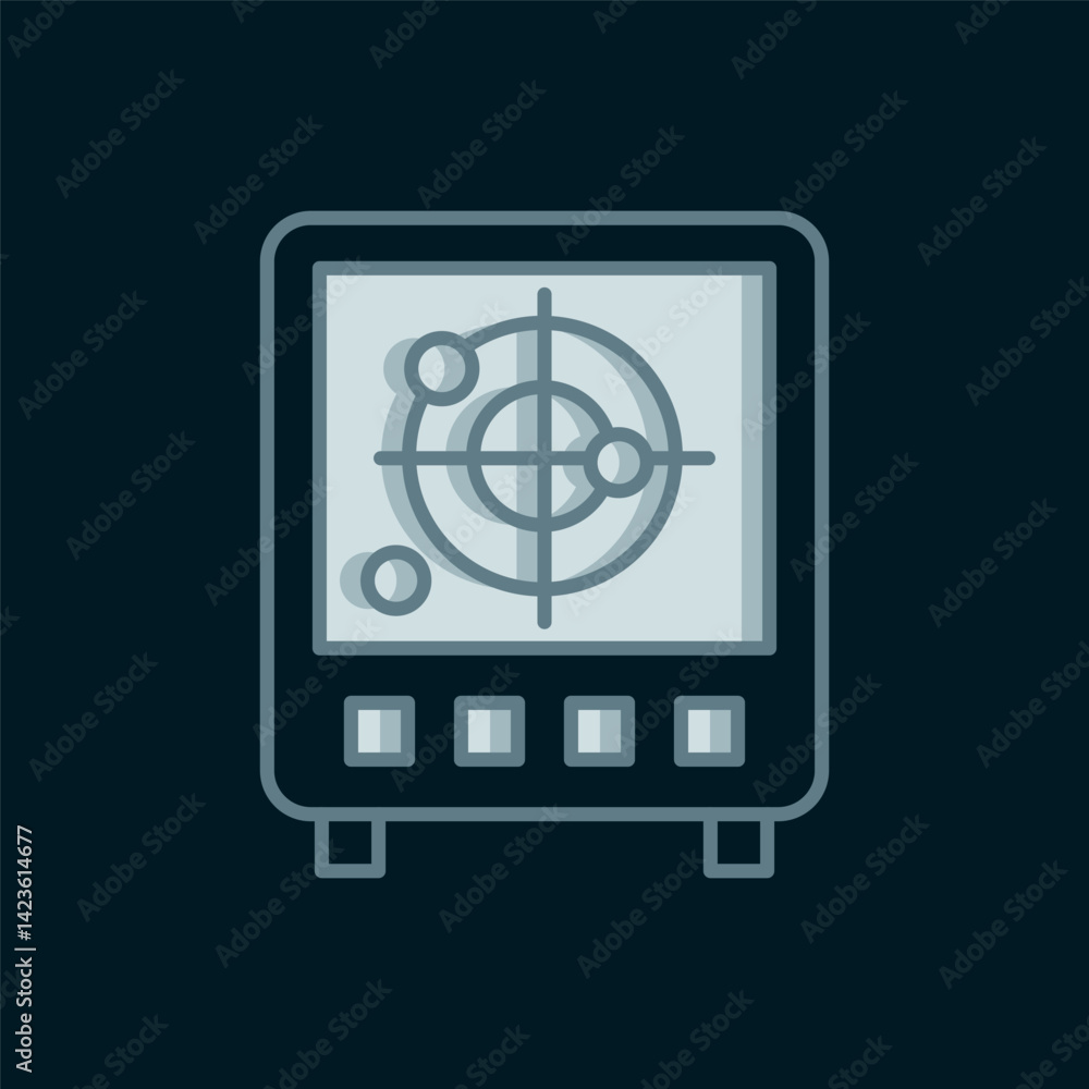 Poster line radar with targets on monitor in searching icon isolated on black background. search system. na