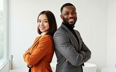Confident young Asian woman and young African man business team standing back to back with arms crossed and smiling at the camera against a white background - a portrait symbolizing diversity, collabo