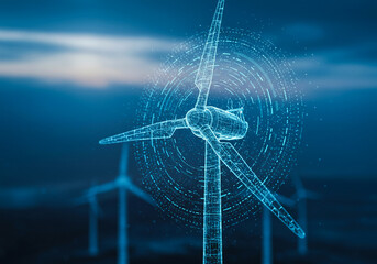 Wind turbine on blue background in the form of a digital hologram