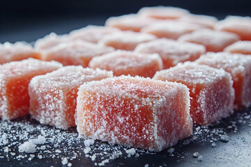 Close-up of sugar-coated jelly cubes arranged on a dark surface, showcasing their texture and color