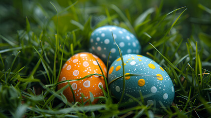 Close-up of brightly decorated orange and blue Easter eggs with white dots pattern resting in lush green spring grass outdoors. Easter celebration details.
