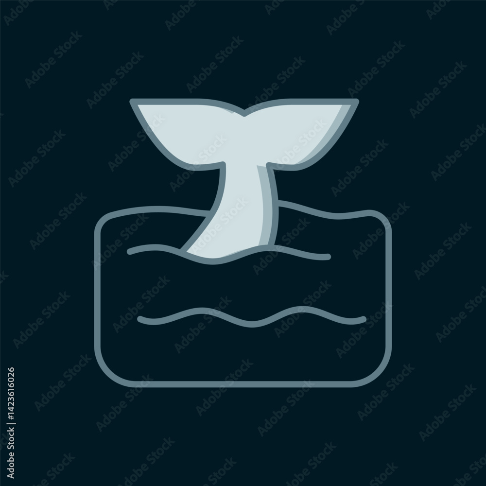 Poster line whale tail in ocean wave icon isolated on black background. flat filled outline style with shad