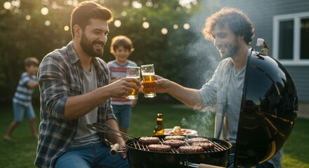 Backyard barbecue celebration with friends, burgers sizzling on