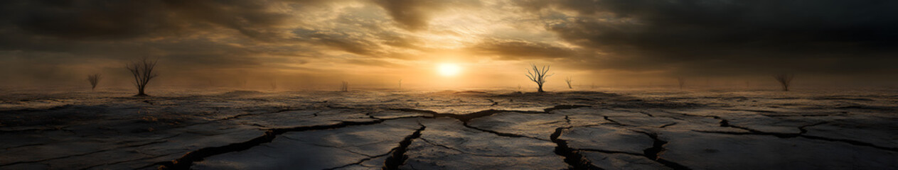 Obraz premium Wide panorama of desolate cracked terrain with the sun faintly visible through the dust storm, drought and desertification concept.