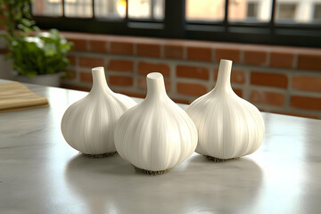 Three whole garlic bulbs on kitchen counter clean minimalist food photography