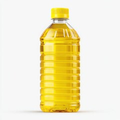 Bottle of yellow oil, close up isolated on white background