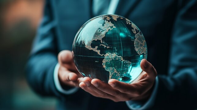 Holding a Digital Globe in Hand Representing Global Business and Technology