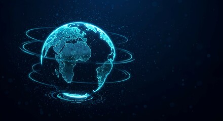 Fototapeta premium Blue Globe Mobile global internet communications. World wide web on phone via wireless satellite network technology. Smartphone digital connection at clouds services of all earth. Holographic abstract