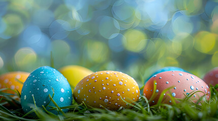 Vibrantly colored Easter eggs with painted dot patterns lying in green spring grass with a soft focus blue and green bokeh background. Festive holiday backdrop.
