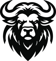 Fierce tribal buffalo head design in bold black lines, featuring powerful horns, intense eyes, and flowing mane. Symmetrical vector artwork on white background perfect for tattoos, logos, or mascots.
