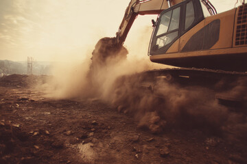Excavator digging dirt at construction site dusty environment action