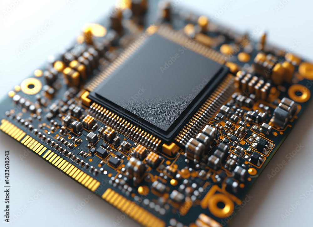 Poster close-up of high-tech microchip on circuit board with gold details representing modern technology in