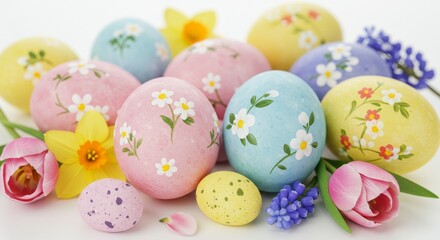 Obraz premium Colorful Easter Eggs and Flowers in a Spring Arrangement