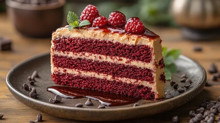 Decadent red velvet cake slice with raspberries.