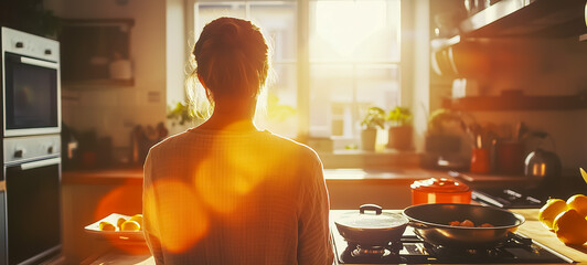 Person cooking in a sunlit kitchen with a warm atmosphere