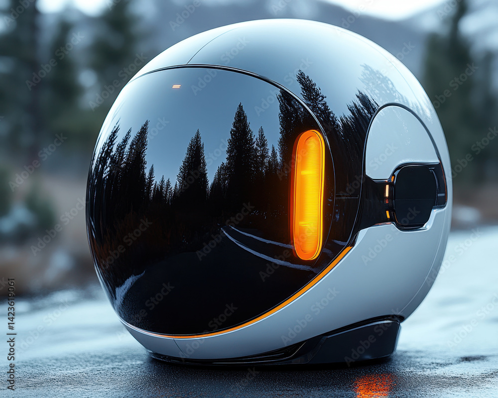 Poster futuristic autonomous spherical vehicle with reflective surface and orange indicator in forest setti