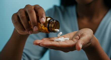 Dark-skinned hand pouring white pills from amber bottle, health