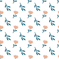Transparent seamless pattern with pastel floral design, hand-drawn flowers and green leaves, ideal for textile, packaging, stickers, overlays and web design. Png