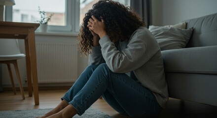 Despondent woman with curly hair sits on floor, head in hands, n