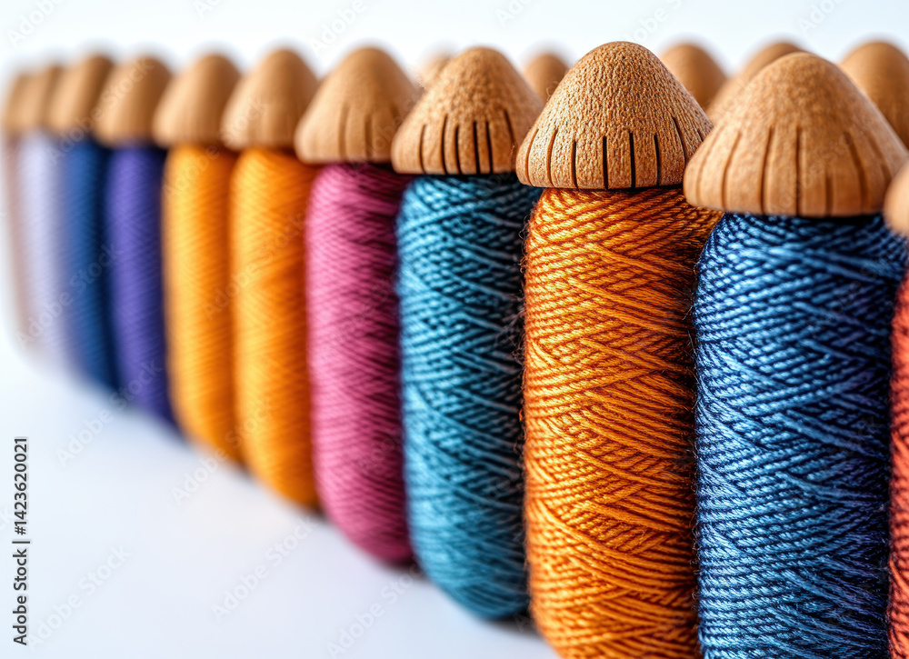 Poster colorful wooden spools with thread in various bright colors arranged neatly in a row for crafting an