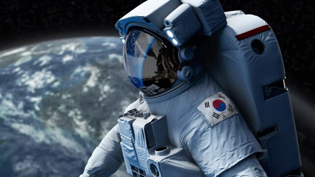 South Korean Astronaut with arm patch flag floating through space. Space program. Spaceman. Earth in background. The country showing national pride. 