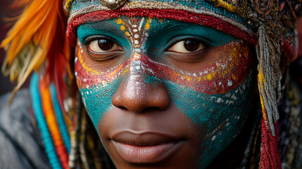 Close-Up Portrait of African Woman with Colorful Face Paint and Traditional Headdress