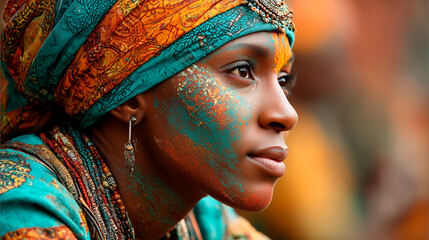 Close-Up of African Woman's Face with Vibrant Turquoise and Orange Headscarf Patterns