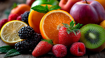 Vibrant Fruit Composition with Orange, Kiwi, and Berries for Food Magazine Covers