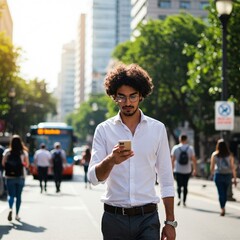 A man is walking down a busy street with a cell phone in his hand