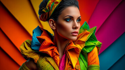 Beautiful Woman in Colorful Paper Origami Fashion with Geometric Background