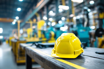 Safety helmet on table in industrial workspace environment