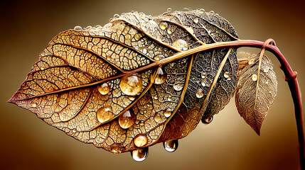 Hyper-Realistic Gold and Brown Leaf with Dewdrops &ndash; Elegant Nature Photography