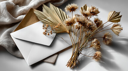 Boho Elegance Gold-Shimmer Envelope with Dried Flowers