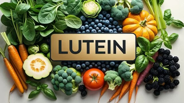 sign with lutein, fresh fruits and vegetables