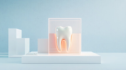 Dental health awareness modern clinic 3d tooth model bright environment front view aesthetic concept