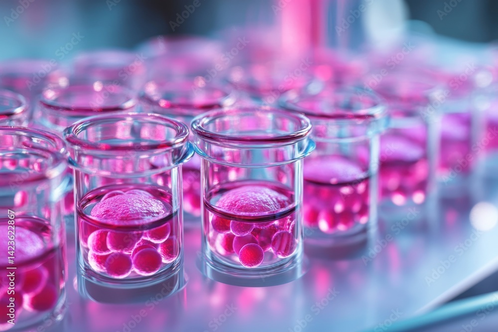 Poster colorful glass containers filled with vibrant pink liquids and spherical objects in a lab setting