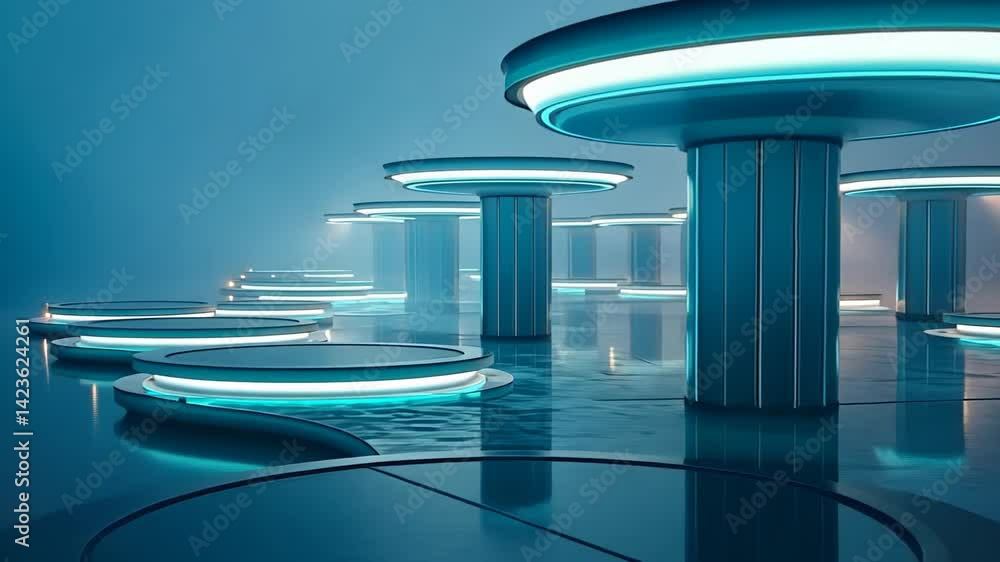 Poster floating platforms illuminated by soft blue light create a serene atmosphere in this ethereal landsc