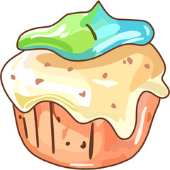 Cartoon cupcake with a peach-colored wrapper, dripping white and yellow frosting, and a swirl of blue and green frosting on top.