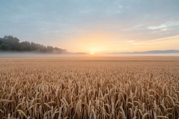 Early Morning Fog Over Wheat Field at Sunrise