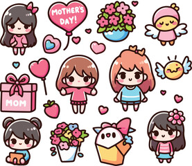 Cute Kawaii Mothers Day Stickers. Adorable Mom Day Elements. Cartoon Illustration