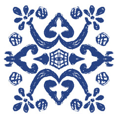 A vector hand-drawn Italian style ornament pattern. Symmetrical floral and abstract motifs, and a rustic Mediterranean charm. Perfect for use in textile design, home decor, wallpaper, packaging. 
