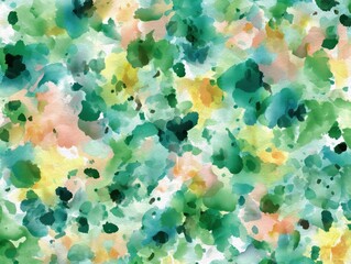 A vibrant abstract artwork featuring a lively mix of green, yellow, and peach hues, creating a visually stimulating and organic watercolor pattern.