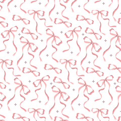 Seamless pattern with pink ribbon bows and sparkles. Cute and romantic design perfect for baby shower, wrapping paper, girls' room decor, and Valentine's Day projects.