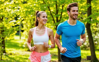 Young Caucasian couple jogging side by side with smiles through the trees in a lush park - a happy moment enjoying a healthy lifestyle, fitness, and outdoor activity