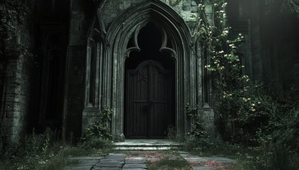 Abandoned gothic doorway overgrown with flora