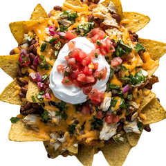 Delicious nachos topped with cheese tomatoes and green onions in a bowl
