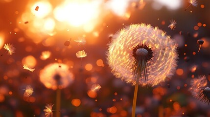 dandelion seeds drifting across clear blue summer sky  