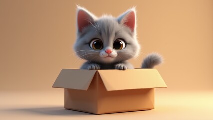 Cute Gray Kitten In Cardboard Box
