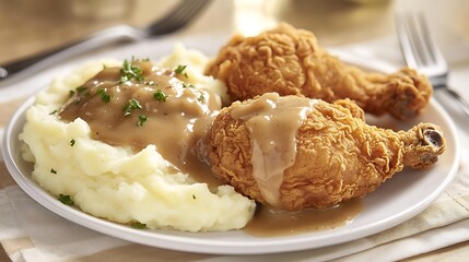 A plate of fried chicken with mashed potatoes and gravy, comfort food