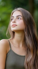 Naklejka premium Portrait of a young girl in natural makeup, with long flowing hair, against the background of a green forest. 